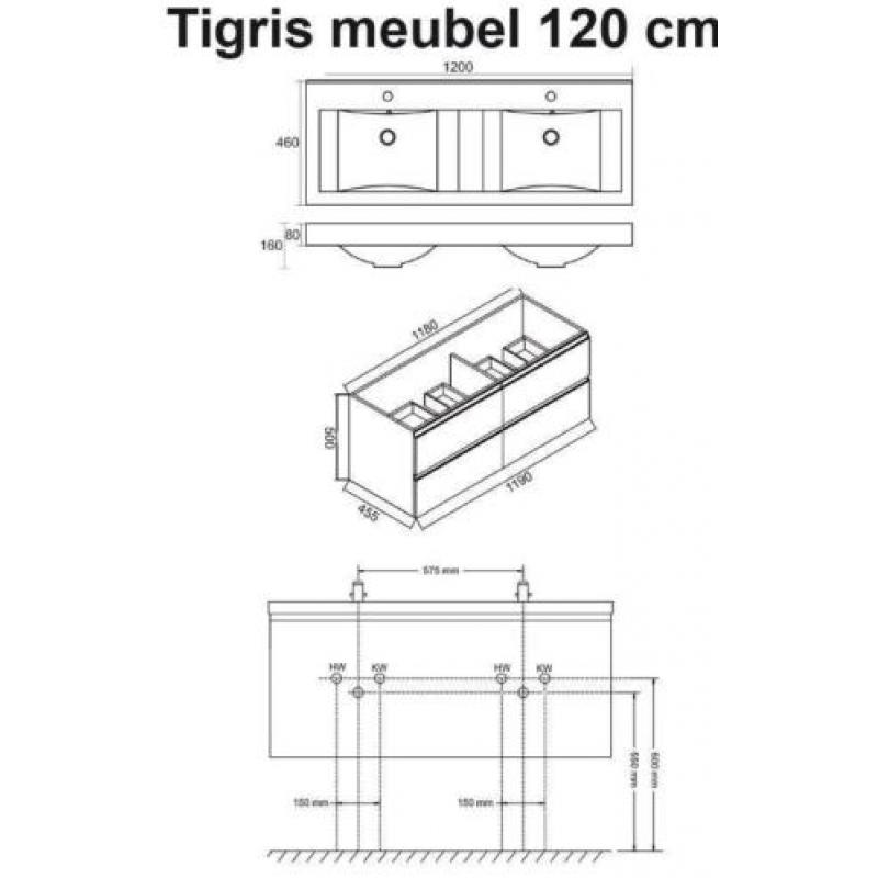 Wiesbaden Tigris onderkast + dubb.wast. + 4 laden 1200x58...